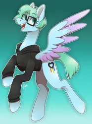 Size: 1917x2572 | Tagged: safe, artist:polymercorgi, derpibooru import, oc, pegasus, pony, clothes, female, glasses, hoodie, mare, solo, two toned wings, wings