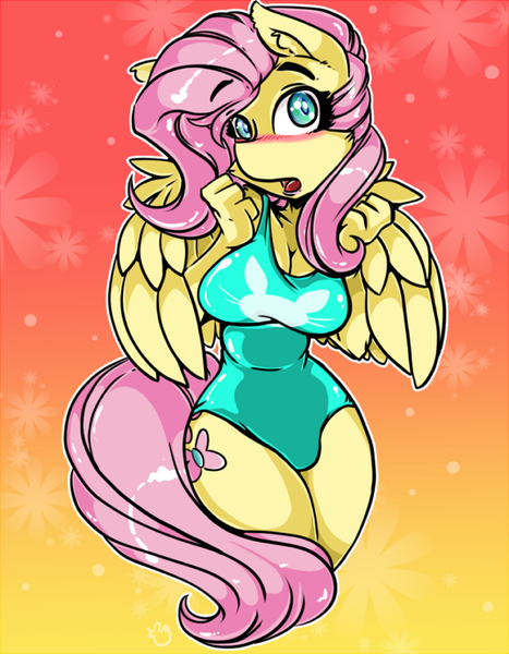 Size: 640x823 | Tagged: safe, artist:duckdraw, derpibooru import, fluttershy, anthro, pegasus, blushing, breasts, busty fluttershy, cleavage, clothes, explicit source, female, image, one-piece swimsuit, open mouth, png, solo, swimsuit