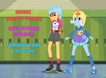 Size: 1024x750 | Tagged: safe, artist:betweentwocheeks, derpibooru import, sunset shimmer, trixie, equestria girls, equestria girls series, atomic wedgie, blushing, bully, bullying, camp everfree outfits, female, implied lesbian, implied shipping, implied suntrix, lockers, looking at you, underwear swap, wedgie