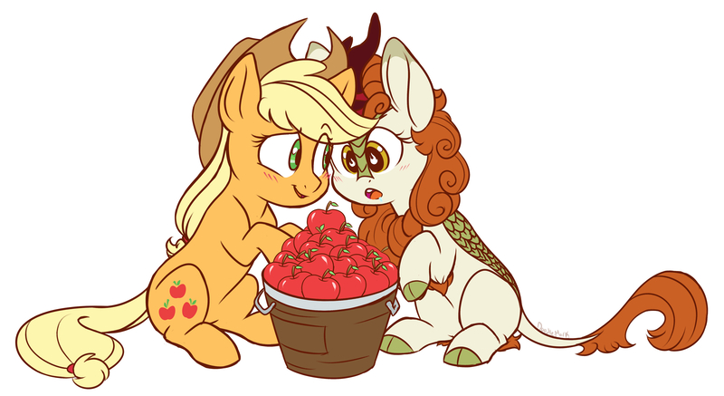 Size: 5267x2874 | Tagged: safe, artist:chub-wub, derpibooru import, applejack, autumn blaze, earth pony, kirin, pony, sounds of silence, apple, autumnjack, awwtumn blaze, blushing, cowboy hat, cute, female, food, hat, jackabetes, lesbian, mare, quadrupedal, shipping, simple background, smiling, white background, wingding eyes