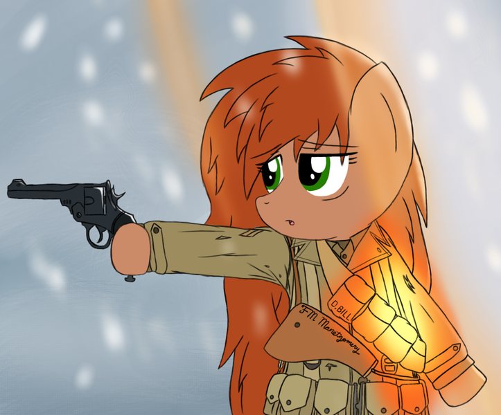 Size: 1000x830 | Tagged: artist:yamsmos, battlefield, battlefield 5, corporal, derpibooru import, female, gun, handgun, holster, hoof hold, how, long sleeves, military uniform, oc, oc:duckbill, revolver, safe, solo, unofficial characters only, weapon