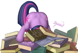 Size: 2777x1897 | Tagged: safe, artist:awalex, derpibooru import, twilight sparkle, pony, unicorn, adorkable, ass up, book, bookhorse, both cutie marks, butt, cute, dimples of venus, dock, dork, female, heart, mare, pile of books, plot, simple background, solo, that pony sure does love books, transparent background, twibutt, unicorn twilight