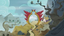 Size: 1440x808 | Tagged: safe, derpibooru import, screencap, pinkie pie, rainbow dash, pony, the lost treasure of griffonstone, gate, gateway arch, griffonstone, house, pine tree, pinecone, tree