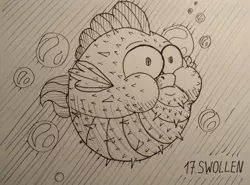 Size: 1200x889 | Tagged: artist:sa1ntmax, bubble, derpibooru import, fish, inflation, monochrome, my little pony: the movie, puffer fish, safe, solo, species swap, spike, spike the pufferfish, traditional art