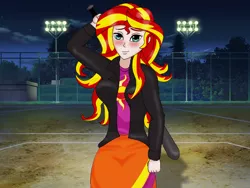 Size: 800x600 | Tagged: safe, artist:anonix123, derpibooru import, sunset shimmer, equestria girls, baseball bat, clothes, female, fence, field, human coloration, jacket, leather jacket, lights, looking at you, skirt, smiling, solo