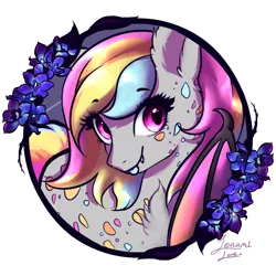 Size: 1500x1500 | Tagged: safe, artist:lenamilove, derpibooru import, oc, unofficial characters only, bat pony, pony, :p, bat pony oc, bat wings, commission, cute, cute little fangs, digital art, ear fluff, fangs, female, flower, frame, looking at you, mare, multicolored hair, multicolored mane, signature, silly, simple background, smiling, solo, tongue out, transparent background, wings, ych result