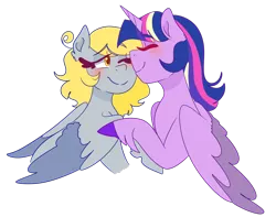 Size: 1280x1011 | Tagged: safe, artist:cubbybatdoodles, derpibooru import, derpy hooves, ditzy doo, twilight sparkle, twilight sparkle (alicorn), alicorn, pegasus, pony, blushing, cute, derpabetes, female, lesbian, mare, shipping, simple background, transparent background, twerpy, twiabetes