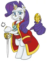 Size: 602x776 | Tagged: safe, artist:hardway bet, artist:hardwaybet, derpibooru import, rarity, pony, unicorn, bipedal, captain, clothes, ear chain, ear piercing, earring, female, grin, gun, handgun, hoof hold, horn, horn jewelry, horn ring, jacket, jewelry, lidded eyes, lip piercing, lip ring, looking at you, mare, nose piercing, nose ring, peytral, piercing, pistol, prehensile tail, ring, rogue trader, sash, simple background, smiling, solo, sword, tail hold, warhammer (game), warhammer 40k, weapon, white background