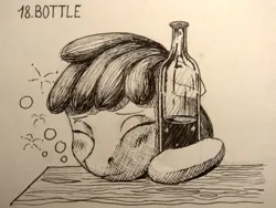 Size: 1200x900 | Tagged: safe, artist:sa1ntmax, derpibooru import, berry punch, berryshine, pony, alcohol, bottle, drunk, inktober, inktober 2018, monochrome, solo, traditional art