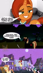 Size: 568x960 | Tagged: suggestive, artist:archooves, artist:catsofdeath, derpibooru import, button mash, stellar flare, oc, oc:conalep, oc:cream heart, oc:golden brooch, oc:sonorita, oc:the nameless demon pony, oc:zoe star pink, pony, unicorn, butt, cinema, female, mare, night, plot, pointy ponies, spanish