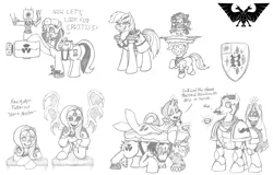 Size: 2350x1500 | Tagged: semi-grimdark, artist:hardway bet, artist:hardwaybet, derpibooru import, fancypants, fluttershy, minuette, rainbow dash, rarity, scootaloo, cyborg, pony, coat of arms, cutie mark, dentist, female, filly, foal, grayscale, imperium, male, mare, monochrome, mutant, pencil drawing, servitor, sketch, sketch dump, speech, stallion, talking, traditional art, warhammer (game), warhammer 40k