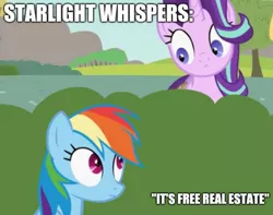 Size: 1369x1080 | Tagged: safe, artist:forgalorga, derpibooru import, edit, editor:apex soundwave, rainbow dash, starlight glimmer, pegasus, pony, unicorn, caption, creepy, duo, female, funny, give me your wings, image macro, impact font, it's free real estate, mare, meme, text, wat