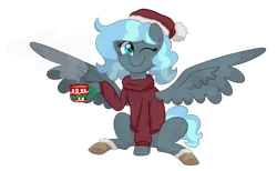 Size: 1024x632 | Tagged: safe, artist:ashidaii, derpibooru import, oc, oc:floral rift, pegasus, pony, chocolate, christmas, clothes, female, food, hat, holiday, hot chocolate, mare, santa hat, simple background, solo, sweater, transparent background