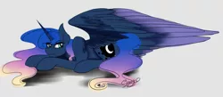 Size: 2166x943 | Tagged: safe, artist:shamy-crist, derpibooru import, princess luna, pony, alternate hairstyle, gray background, prone, simple background, solo, two toned wings, wings