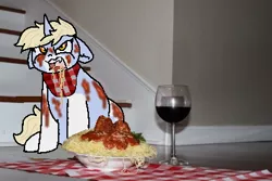 Size: 400x267 | Tagged: safe, artist:nootaz, derpibooru import, oc, oc:nootaz, unofficial characters only, pony, floppy ears, food, glass, irl, pasta, photo, ponies in real life, solo, spaghetti, stairs, wine glass