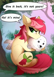 Size: 1500x2120 | Tagged: safe, artist:yakovlev-vad, derpibooru import, roseluck, earth pony, pony, seal, :3, animal, big cutie mark, cut, cute, dialogue, ear fluff, female, floppy ears, fluffy, frown, glare, hug, leg fluff, looking back, mare, offscreen character, plushie, pouting, shoulder fluff, sitting, solo, solo focus, speech bubble, stealing