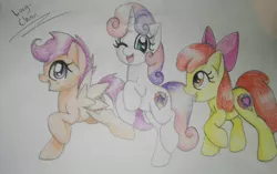 Size: 1024x644 | Tagged: safe, artist:envygirl95, derpibooru import, apple bloom, scootaloo, sweetie belle, earth pony, pegasus, pony, unicorn, cutie mark, cutie mark crusaders, female, filly, signature, the cmc's cutie marks, traditional art