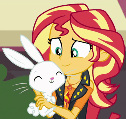 Size: 800x758 | Tagged: safe, derpibooru import, screencap, angel bunny, sunset shimmer, equestria girls, equestria girls series, forgotten friendship, angelbetes, animated, cropped, cute, geode of empathy, gif, leather vest, loop, magical geodes, shimmerbetes