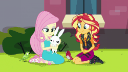 Size: 800x450 | Tagged: safe, derpibooru import, screencap, angel bunny, fluttershy, sunset shimmer, bird, equestria girls, equestria girls series, forgotten friendship, angelbetes, animated, cute, geode of empathy, geode of fauna, gif, lucky bastard, magical geodes, shimmerbetes, shyabetes, trio