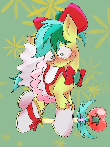 Size: 899x1200 | Tagged: safe, artist:noupu, derpibooru import, sandbar, earth pony, pony, abstract background, blushing, bow, clothes, crossdressing, cute, embarrassed, flying, hair bow, hoof hold, magical girl, male, saddle, sandabetes, shrunken pupils, skirt, socks, solo, tack, white socks