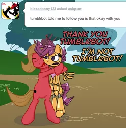 Size: 600x607 | Tagged: safe, artist:command-a-pony, derpibooru import, scootaloo, oc, oc:pun, earth pony, pony, robot, robot pony, ask pun, ask, female, hug, mare, scootabot