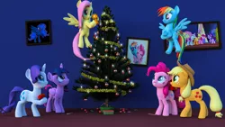 Size: 3840x2160 | Tagged: safe, artist:marcelexe, derpibooru import, applejack, fluttershy, pinkie pie, princess luna, rainbow dash, rarity, starlight glimmer, twilight sparkle, twilight sparkle (alicorn), alicorn, pony, 3d, christmas, christmas tree, holiday, hug, mane six, tree