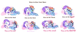 Size: 3496x1508 | Tagged: safe, artist:raridashdoodles, derpibooru import, rainbow dash, rarity, pegasus, pony, unicorn, blushing, breath, comic, cross-popping veins, cute, dashabetes, eyes closed, female, glasses, heart, hoof kissing, horn, kiss on the cheek, kiss on the horn, kissing, lesbian, punch, raribetes, raridash, shipping, simple background, sparkles, spread wings, sunglasses, teasing, ways to kiss your mare, white background, wings