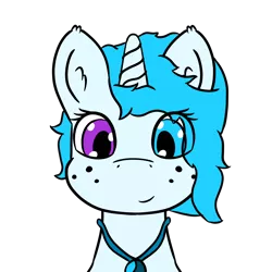 Size: 2160x2160 | Tagged: safe, artist:strella_, derpibooru import, oc, oc:s-742, unofficial characters only, alicorn, pony, alicorn oc, amulet, blue mane, female, freckles, heterochromia, horn, jewelry, looking at you, mare, simple background, solo, transparent background, wings