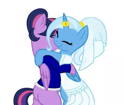 Size: 609x518 | Tagged: safe, artist:neighsay, derpibooru import, trixie, twilight sparkle, twilight sparkle (alicorn), alicorn, pony, alicornified, clothes, dress, eyes closed, female, horn, horn ring, hug, jewelry, kissing, lesbian, mare, marriage, race swap, ring, shipping, trixiecorn, twixie, wedding, wedding dress, wedding ring