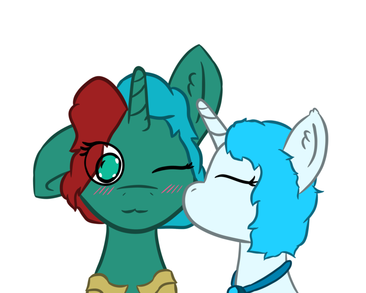 Size: 2700x2160 | Tagged: 2 colors mane, amulet, artist:strella_, blinking, blue mane, clothes, derpibooru import, green eyes, jewelry, kissing, kiss on the cheek, looking at you, oc, oc:mysty glimmer, oc:starmoon snowflake, safe