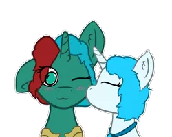 Size: 2700x2160 | Tagged: 2 colors mane, amulet, artist:strella_, blinking, blue mane, clothes, derpibooru import, green eyes, jewelry, kissing, kiss on the cheek, looking at you, oc, oc:mysty glimmer, oc:starmoon snowflake, safe