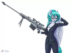 Size: 1200x868 | Tagged: anthro, anthro oc, artist:skorpionletun, barrett m82, clothes, commission, derpibooru import, female, glasses, gun, military, no trigger discipline, oc, oc:sky fang, safe, signature, simple background, solo, suit, sunglasses, unofficial characters only, weapon, white background, ych result