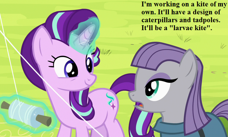 Size: 750x450 | Tagged: cropped, derpibooru import, dialogue, edit, edited screencap, kite, maud pie, pun, rock, rock solid friendship, safe, screencap, starlight glimmer, that pony sure does love kites, that pony sure does love rocks