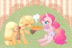 Size: 1280x853 | Tagged: safe, artist:kkmrarar, derpibooru import, applejack, pinkie pie, earth pony, pony, :p, apple, apple pie, applepie, apron, clothes, cute, eyes closed, female, food, holiday, hoof hold, lesbian, mare, oven mitts, pie, pun, shipping, silly, starry eyes, thanksgiving, tongue out, wingding eyes