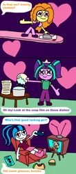 Size: 1423x3240 | Tagged: safe, artist:blackrhinoranger, derpibooru import, adagio dazzle, aria blaze, sonata dusk, equestria girls, animatronic, burger, chair, clothes, comic, dazzle-eds, dishes, doll, ed edd n eddy, food, hamburger, heart, honor thy ed, iron, leni loud, shirt, skirt, sock, sonataco, speech bubble, spider-man, t-shirt, table, taco, television, the dazzlings, the incredibles, the loud house, toy