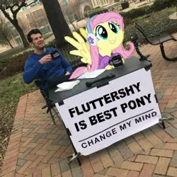 Size: 300x300 | Tagged: best pony, change my mind, derpibooru import, earmuffs, edit, editor:joeydr, female, fluttershy, grin, human, irl, irl human, male, mare, meme, pegasus, photo, safe, smiling, spread wings, squee, text, wings
