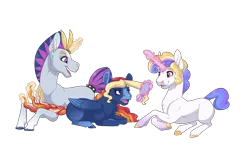 Size: 3400x2000 | Tagged: safe, artist:jackiebloom, derpibooru import, oc, oc:diletto, oc:felicity, oc:fire aurora, unofficial characters only, pony, unicorn, colored hooves, comb, ear piercing, female, horn, horn ring, magic, magic aura, male, mare, offspring, parent:princess cadance, parent:shining armor, parents:shiningcadance, piercing, realistic horse legs, ring, simple background, stallion, telekinesis, transparent background