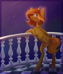 Size: 3001x3508 | Tagged: safe, artist:shiro-roo, derpibooru import, oc, oc:camber, unofficial characters only, pegasus, pony, balcony, bipedal, bipedal leaning, female, leaning, looking at you, looking back, looking back at you, mare, night, shooting star, solo