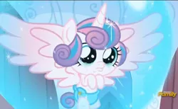 Size: 868x536 | Tagged: safe, derpibooru import, princess flurry heart, pony, the crystalling, about to cry, baby, baby alicorn, baby flurry heart, baby pony, blue diaper, cloth diaper, crying, cute, dawwww, diaper, large wings, magic bubble, sad, sad eyes, safety pin, spread wings, teary eyes, this will end in pain, weapons-grade cute, wings