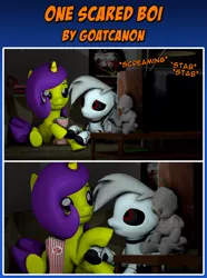Size: 4000x5378 | Tagged: safe, artist:goatcanon, derpibooru import, oc, oc:lemontwist, oc:servo, unofficial characters only, pony, robot, robot pony, unicorn, 2 panel comic, 3d, comic, couple, food, halloween, holiday, movie, movie poster, popcorn, scared, shaun of the dead, source filmmaker, television