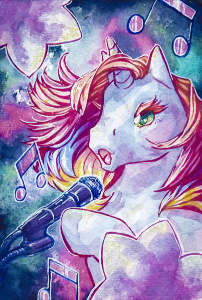 Size: 700x1037 | Tagged: safe, artist:annapommes, derpibooru import, starflower, pony, unicorn, atc, g1, karaoke, microphone, music, singing, solo, trade