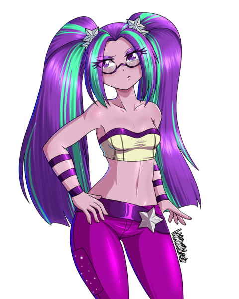 Size: 3600x4500 | Tagged: safe, artist:danmakuman, derpibooru import, aria blaze, equestria girls, rainbow rocks, bandeau, bare shoulders, belly button, clothes, female, glasses, looking at you, midriff, pants, pigtails, simple background, sleeveless, solo, strapless, transparent background, twintails