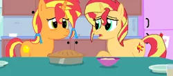 Size: 1600x706 | Tagged: safe, artist:thomaszoey3000, derpibooru import, sunset shimmer, oc, oc:sunrise shimmer, pony, equestria girls, food, kitchen, pie