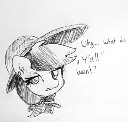 Size: 1280x1223 | Tagged: safe, artist:tjpones, derpibooru import, applejack, earth pony, pony, applejack also dresses in style, black and white, bust, female, goth, grayscale, lineart, mare, monochrome, speech, talking, y'all