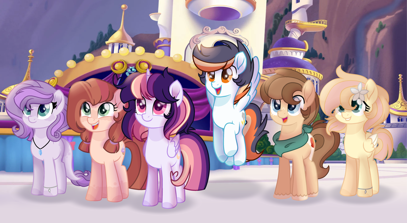 Size: 5000x2750 | Tagged: safe, artist:moon-rose-rosie, derpibooru import, oc, oc:celestial moon, oc:chocolate sprinkles, oc:crystal flame, oc:golden apple, oc:magnolia, oc:shining ray, unofficial characters only, dracony, dragon, earth pony, hybrid, pegasus, pony, unicorn, base used, female, interspecies offspring, magical lesbian spawn, male, mare, movie accurate, offspring, parent:applejack, parent:bulk biceps, parent:caramel, parent:cheese sandwich, parent:fluttershy, parent:pinkie pie, parent:rainbow dash, parent:rarity, parent:soarin', parent:spike, parent:spitfire, parent:twilight sparkle, parents:carajack, parents:cheesepie, parents:flutterbulk, parents:soarinfire, parents:sparity, parents:twidash, stallion