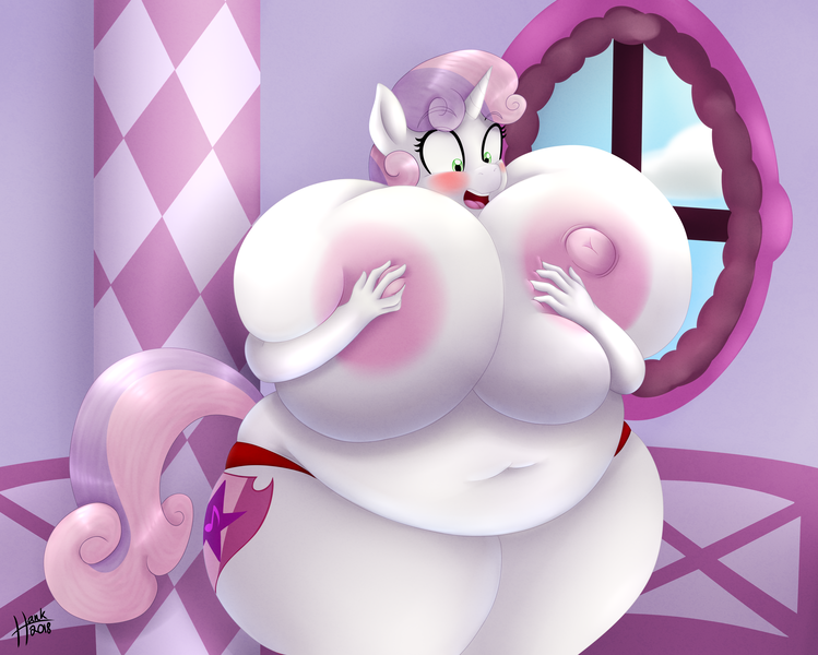 Size: 5000x4008 | Tagged: questionable, artist:09hankris, derpibooru import, sweetie belle, anthro, unicorn, absurd resolution, bbw, belly, belly button, big breasts, blushing, breasts, busty sweetie belle, clothes, cutie mark, fat, female, huge areola, huge breasts, impossibly large breasts, mare, nipples, nudity, obese, older, older sweetie belle, partial nudity, solo, solo female, underwear