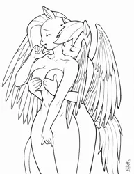 Size: 612x792 | Tagged: suggestive, artist:bhawk, derpibooru import, fluttershy, rainbow dash, anthro, bat pony, pegasus, biting, breast fondling, breast grab, breasts, busty fluttershy, covering, female, finger bite, finger in mouth, flutterbat, flutterdash, grope, handbra, intimate, lesbian, lineart, monochrome, neck kiss, race swap, shipping, strategically covered