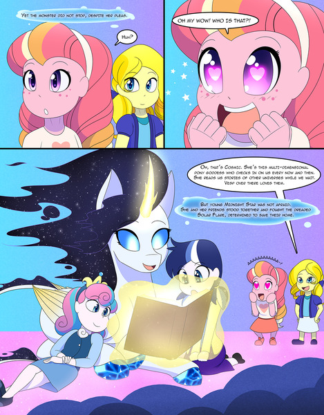 Size: 1280x1637 | Tagged: safe, artist:jase1505, artist:little-tweenframes, deleted from derpibooru, derpibooru import, princess flurry heart, oc, oc:cosmic, oc:honeycrisp blossom, oc:sparkling dawn, oc:vespera, alicorn, comic:little blossom lost, honeycrisp tales, series:sciset diary, equestria girls, alicorn oc, book, clothes, comic, dialogue, equestria girls-ified, ethereal mane, female, heart eyes, horn, levitation, magic, offspring, parent:big macintosh, parent:flash sentry, parent:prince blueblood, parent:princess cadance, parent:sunset shimmer, parent:twilight sparkle, parents:cadmac, parents:flashlight, parents:sunblood, reading, starry mane, telekinesis, wingding eyes, wings