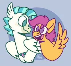 Size: 660x616 | Tagged: safe, artist:sandwichbuns, derpibooru import, scootaloo, terramar, classical hippogriff, hippogriff, pony, female, interspecies, male, shipping, straight, terraloo