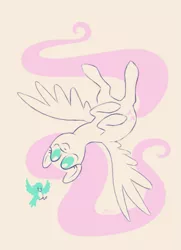 Size: 691x953 | Tagged: safe, artist:donkeyinthemiddle, derpibooru import, fluttershy, bird, pegasus, pony, female, flying, limited palette, mare, no pupils, on back, simple background, smiling, solo, spread wings, wings